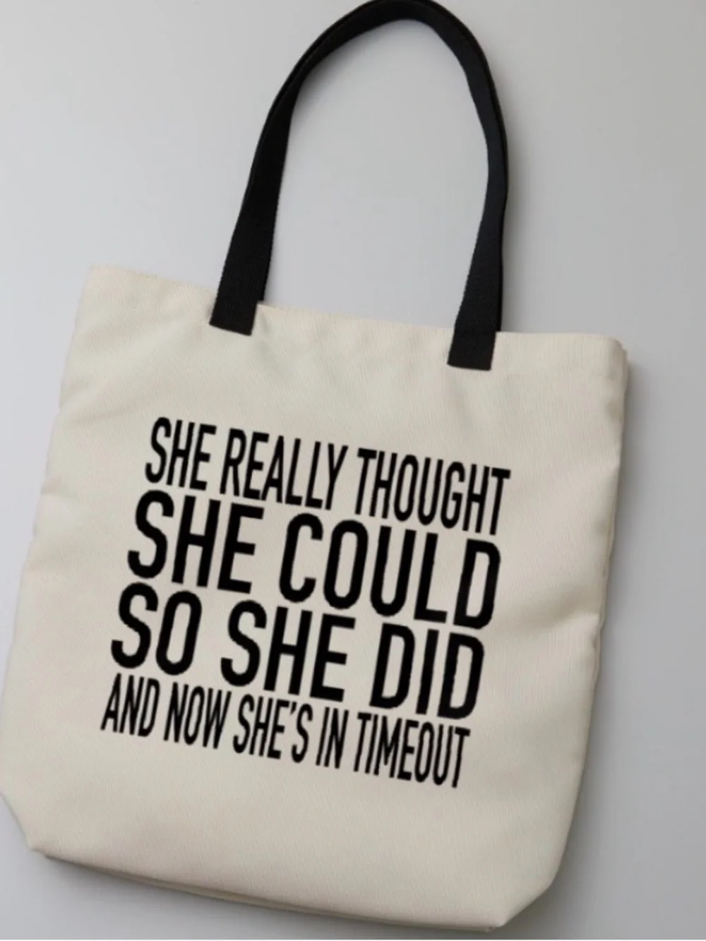 Toddler life mom life Tote Bag with Black Text and Black Handles 19 in x 14 in
